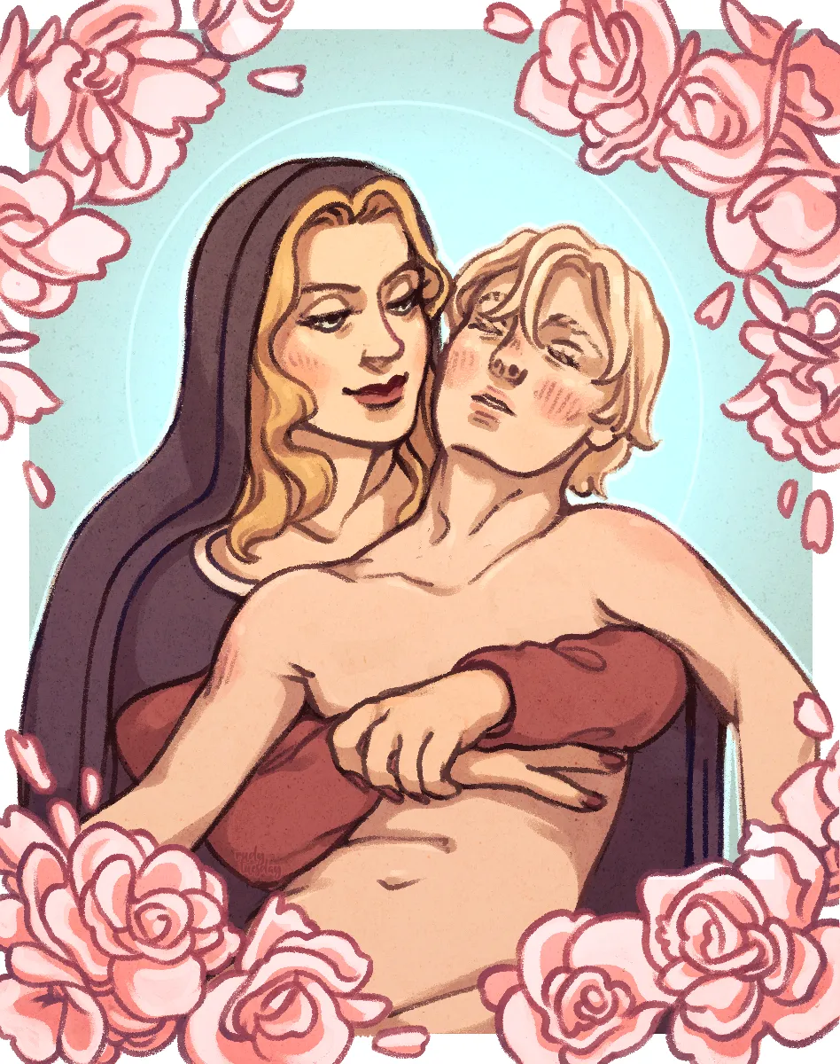 annemarie holding emilein with her arms wrapped around his torso, looking at him with a gentle smile. emilein is relaxed in her embrace with his eyes closed, his lips parted and his head lolled back. the background is a light sky blue with a thin halo encircling their heads.they are framed with pink begonias angelique which are shedding petals.