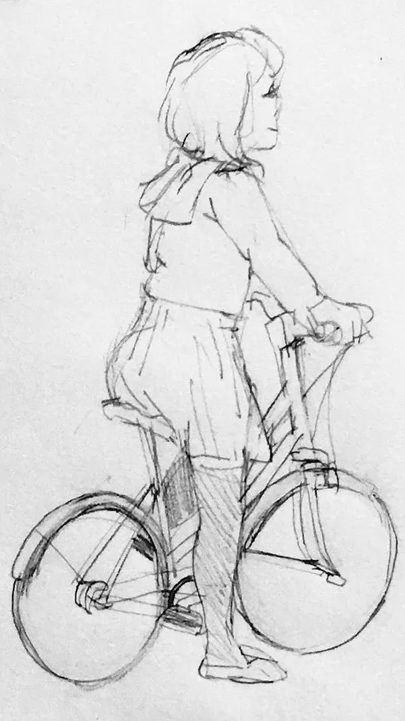 madotsuki sitting on a bike, facing away from the viewer.