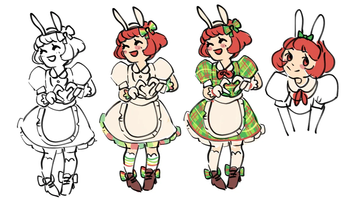 concept sketches of bunnie from animal crossing as an idol. she has a red bob, a bunny ear headband with a bow, a fluffy dress with cap sleeves, a peasant collar with a ribbon, an apron, knee high socks, and brown lace up heels with bows on the back. there are three full body drawings, lineart and two color tests, and then a bust of her smiling at the viewer.