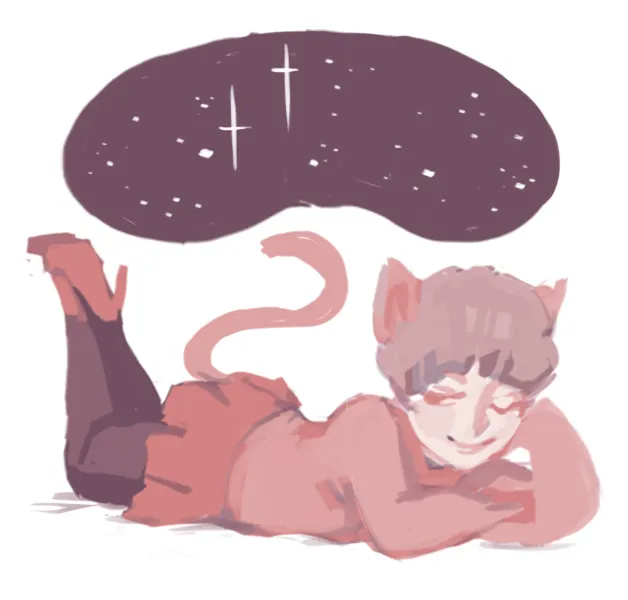 madotsuki from yume nikki with cat ears and a quirked cat tail. she is laying on her chest propped up on her elbow, smiling flirtatiously. behind her is the window to seccom masada's space ship, full of twinkling stars.