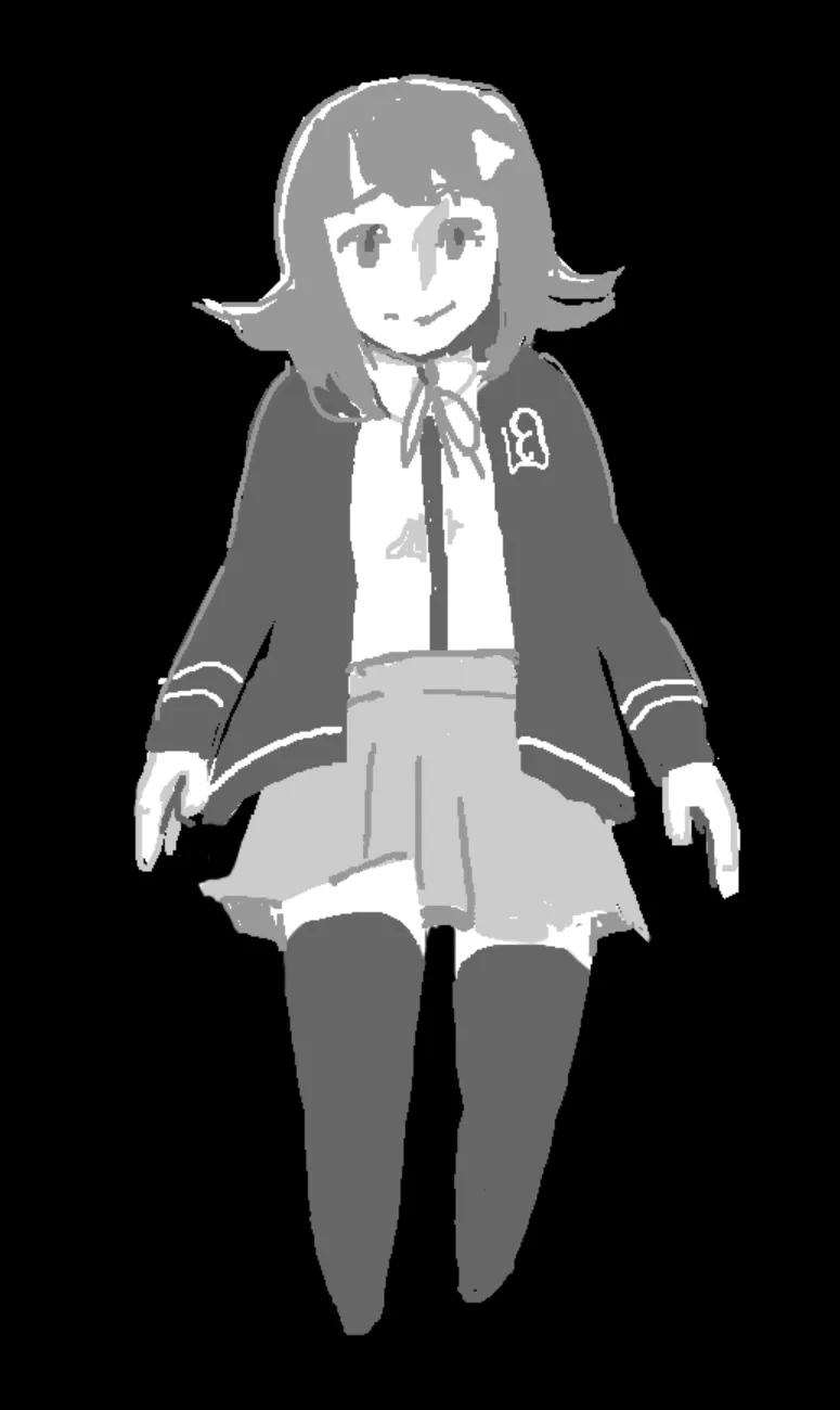 chiaki in black and white, floating on a black background. 