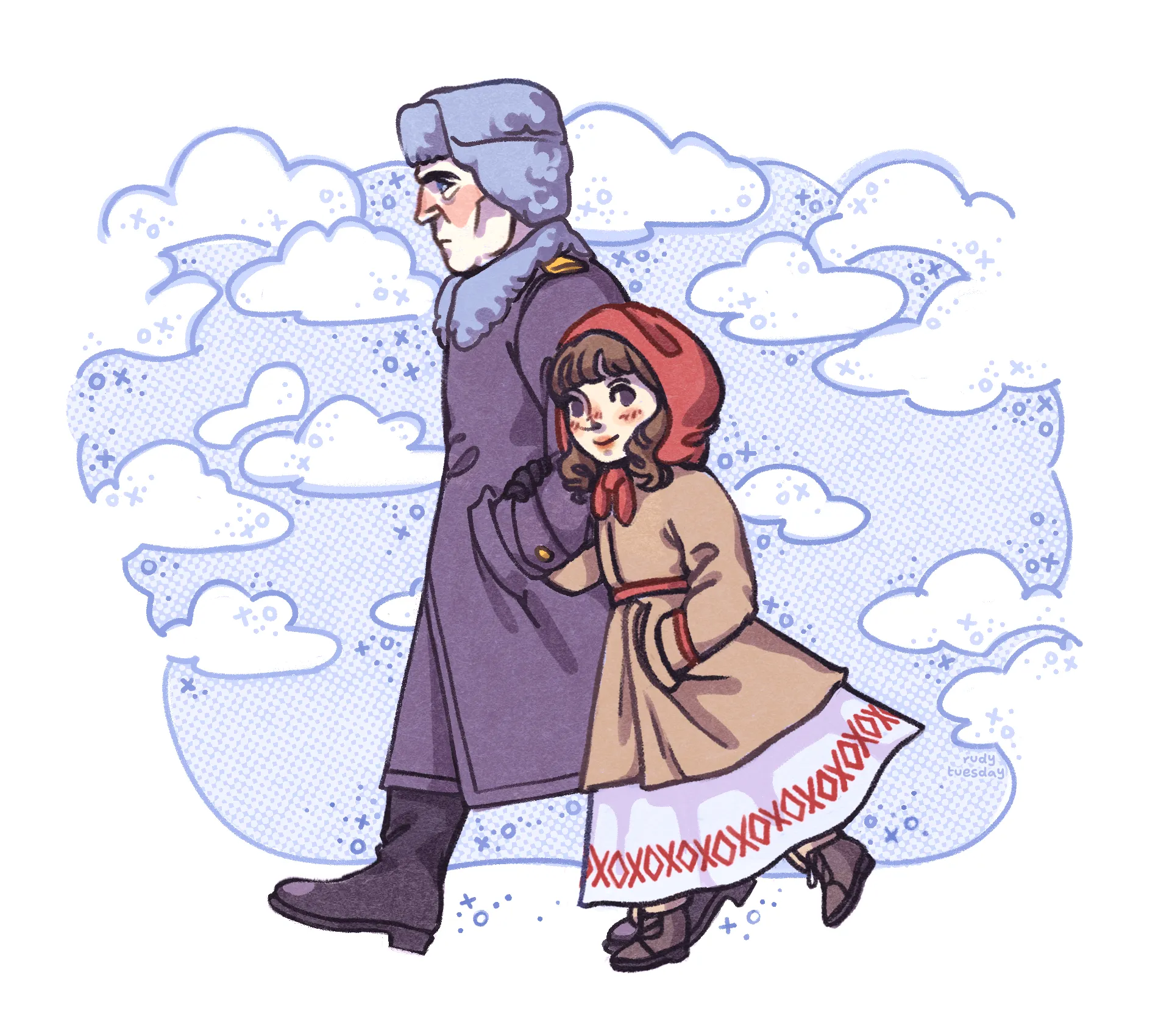 petr koshelev and mausi walking through a winter wonderland. petr is wearing an ushanka, a russian military coat and leather boots, and is staring straight ahead with his hands tucked into his pockets. mausi is wearing a red head scarf, a short coat with red piping, a white dress with a red folk pattern, leather gloves and winter boots. she is smiling at the viewer and holding onto his arm as she tries to keep up.