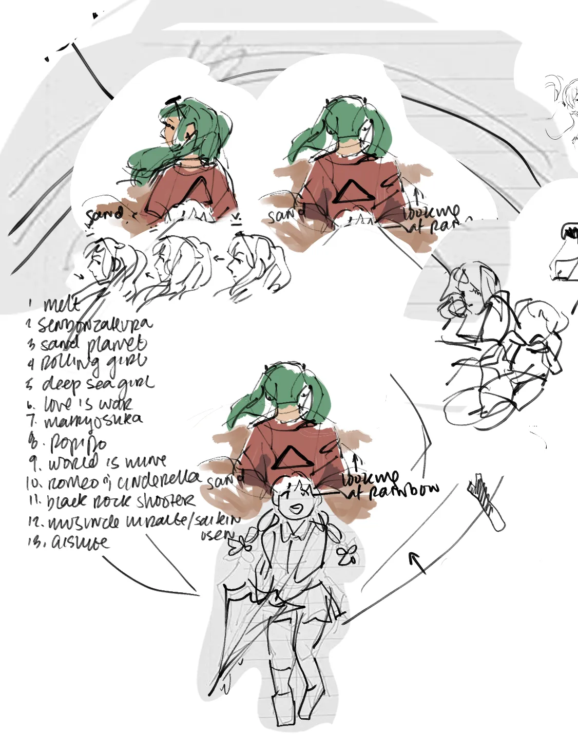 a concept sketch of an illustration for hatsune miku's 13th birthday, which depicted thirteen songs in a circular composition. most rendered are an illustration of miku in 'sand planet,' facing away from the viewer, and miku in 'melt', closing an umbrella.
