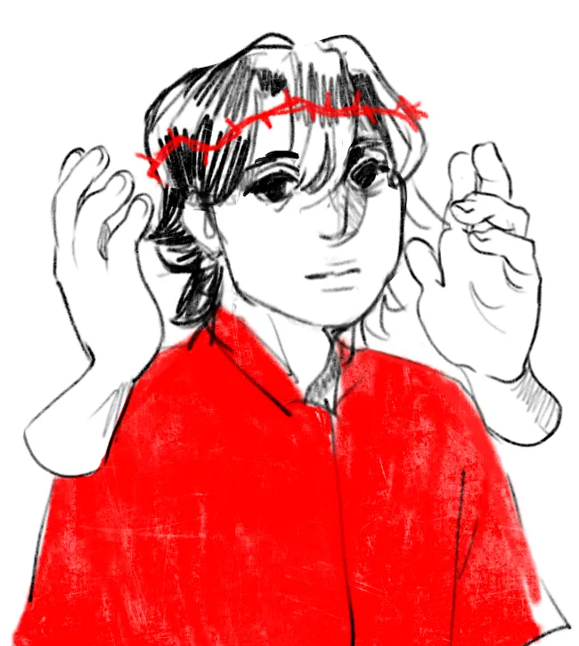 a headshot of nikita wearing a bright red shirt and crown of thorns, looking at the viewer. there are two disembodied hands floating on either side of his head.