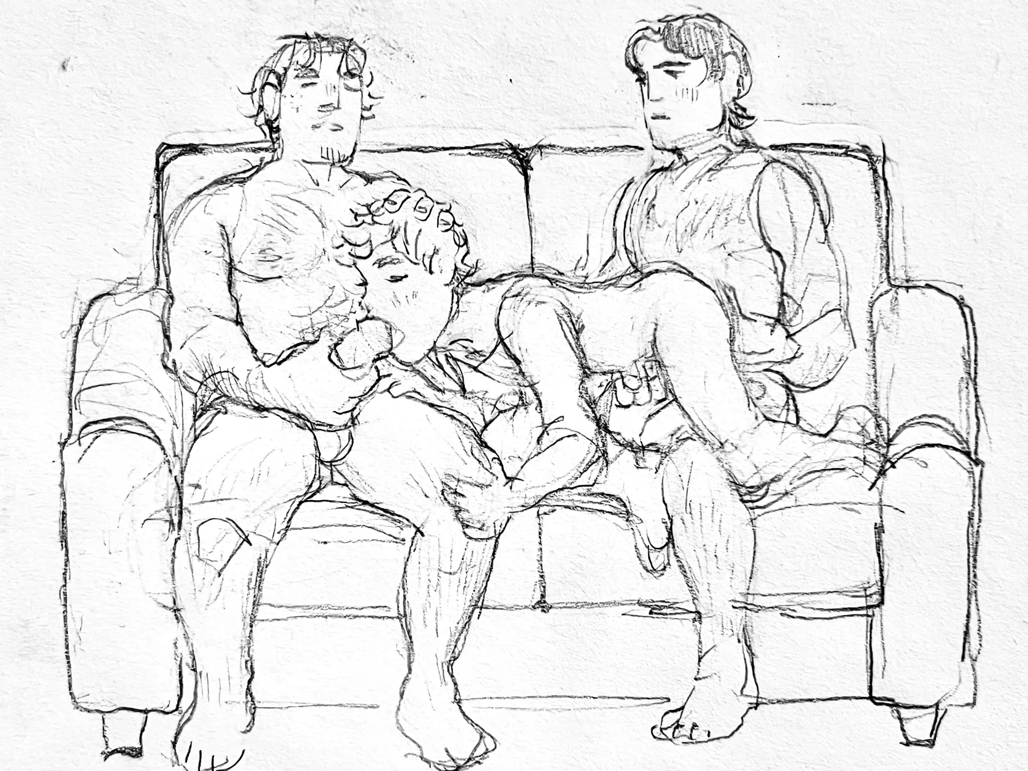 the leone brothers tag teaming a twink. matt is resting his head on the back on the couch .