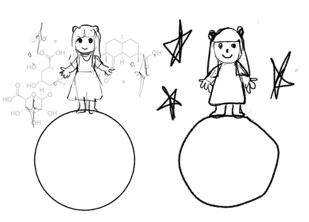 concept art of planet darby, a comic detailing a day in the life on darby's home planet. on the left is the cover, which is darby standing on a small planet with her arms open. behind her is a constellation that mimics the chemical formula that makes licorice bitter. on the right is a child-like rendition of it that she drew in a sketchbook.