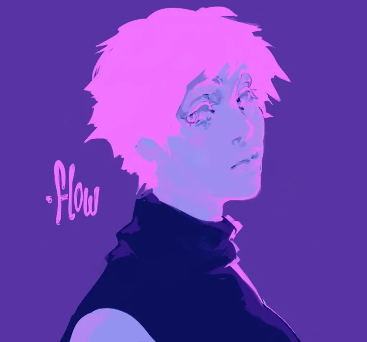a blacklight portrait of sabitsuki from .flow looking at the viewer with a mysterious expression. beside her is the word 'flow' written in a gooey font.
