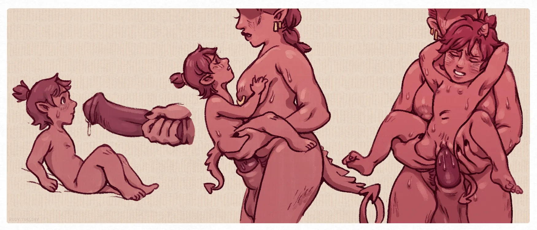 a three drawing sex sequence featuring sala songbird's ocs, kat and rey. 1: rey laying back and looking up at kat nervously. in front of him is kat's hand holding her massive dick, which is dripping with precum. 2: kat and rey having sex standing up. rey is holding on to kat's breast with his eyes closed and head tipped back. 3: kat standing and penetrating rey from behind. rey has his arms wrapped back around her shoulders and is kicking his feet in pleasure.