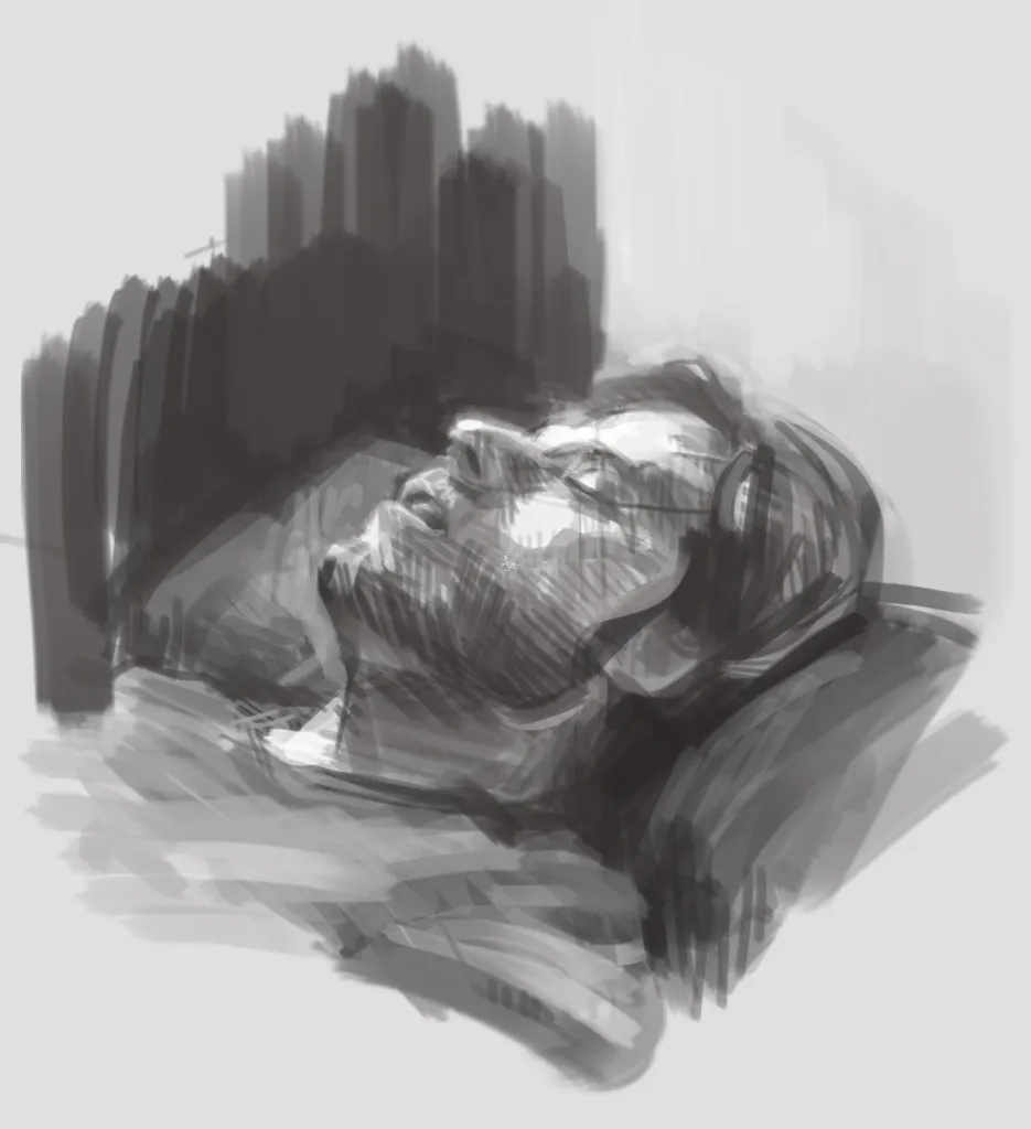 a digital portrait of john asleep with his mouth open.