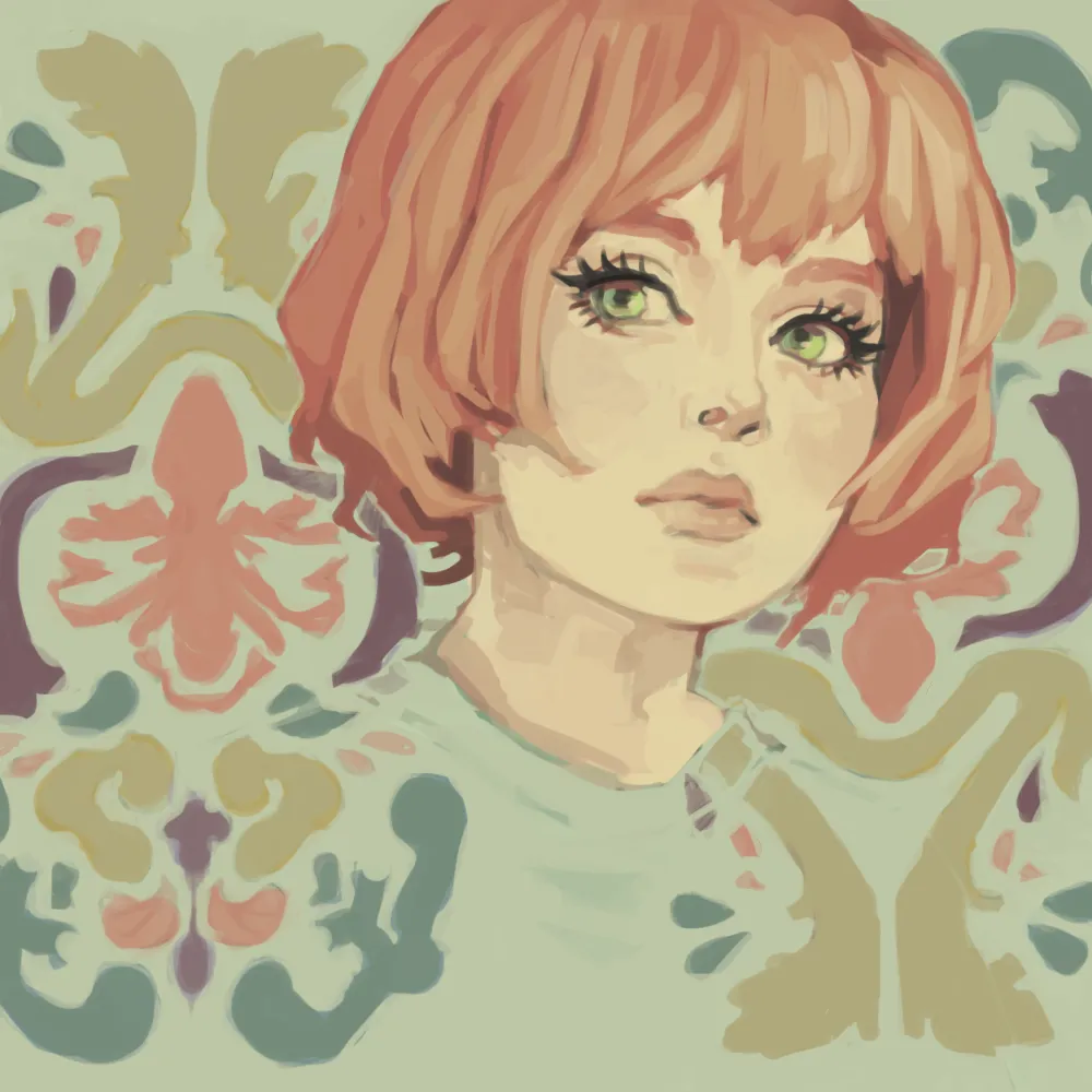 a portrait of a girl with a bob from the shoulders up staring suspiciously into the distance. her shirt disappears into the background, which has a fleur de lis pattern like wallpaper.