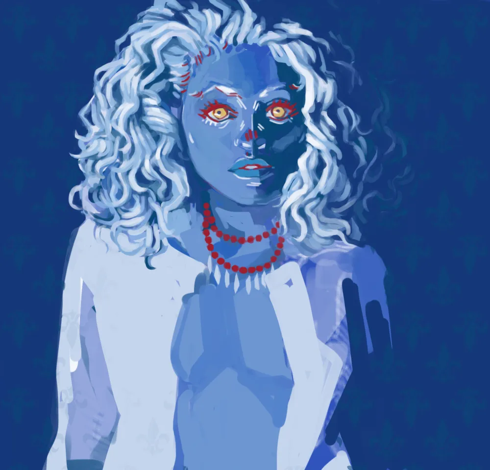 a portrait of a girl with a mess of curly hair staring straight at the viewer. her skin is blue and her eyes are bright yellow with red eyelashes and hair roots. she is wearing a three tiered red necklace and a button down shirt worn open. her figure disappears into the bright blue background, which has a faint fleur de lis pattern.