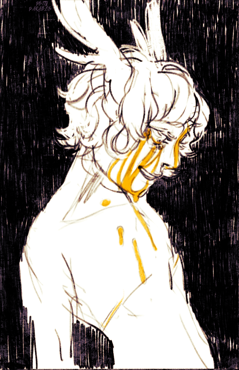 lancelin smiling maniacally, bleeding from his three eyes and looking down.