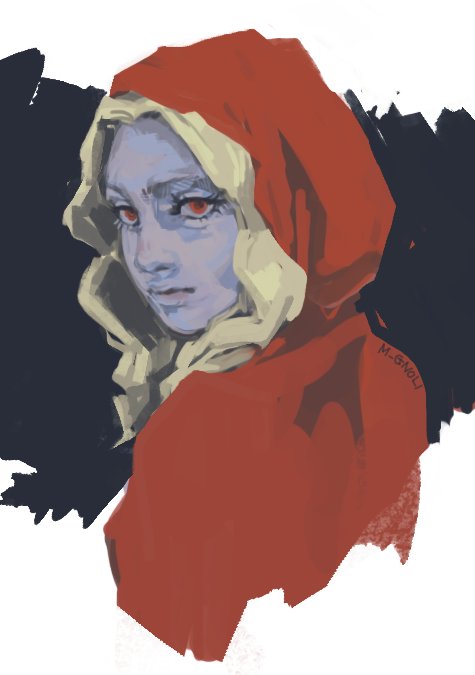 little red riding hood looking menacingly over her shoulder on a dark blue background.