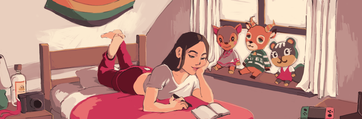 a a banner depicting norah laying on her bed, drawing in a sketchbook. her windowsill has plushies of fauna, beau and blaire from animal crossing on it. there is a pride flag hanging from the sloped ceiling and her nightstand has a lamp, a bottle of vodka and a camera on it. her desk is out of sight but has a nintendo switch and a laptop on it.