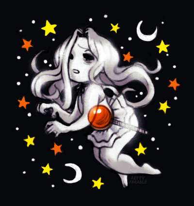 a ghost girl wearing a little white dress on a black background with yellow, orange and white stars and two crescent moons. she has a weary expression and there is a giant lollipop inside her.