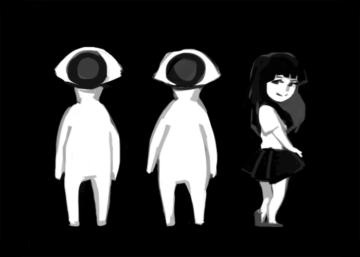 monoe and two eye men standing on a black background. monoe is looking over her shoulder at the viewer with a smile.