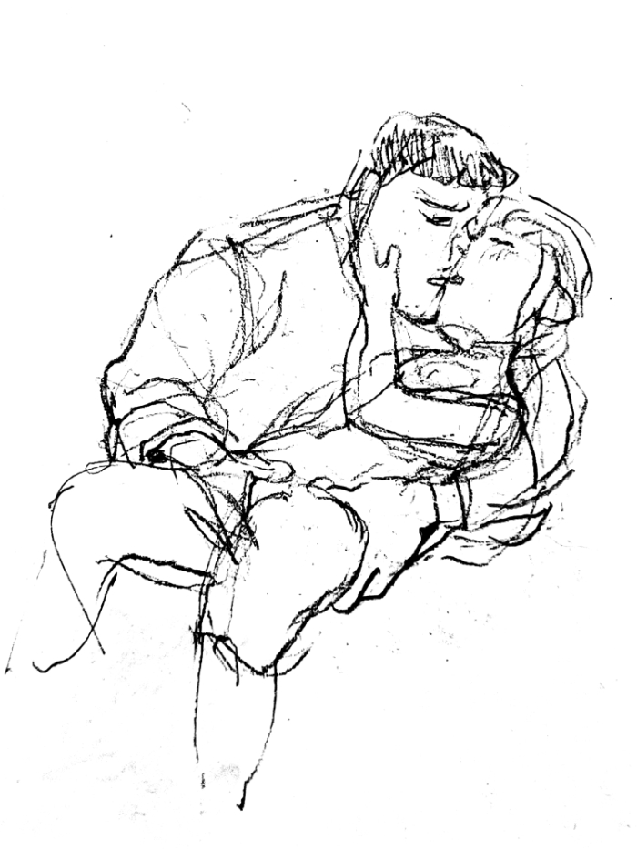 mallory cradling darby in his arm and fingering her. they are sharing a kiss and she is touching his cheek.