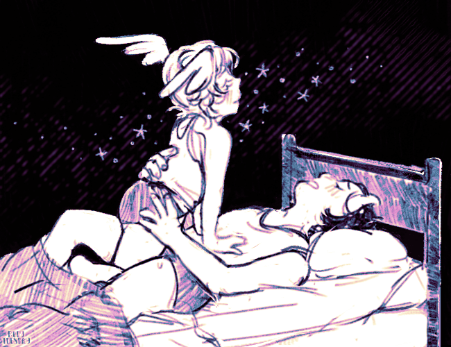 johannes and lancelin kappel in bed together in their pajamas on a starry background. lance is riding johan's thight and has his earwings spread like he's flying, and johan is holding him steady at the hips.