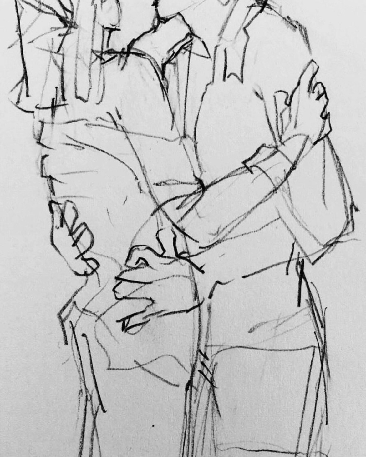 a pencil study of a man and woman kissing. his shirt is unbuttoned and hers is pulled down off her shoulders. he is holding her back and she is holding onto his arm.